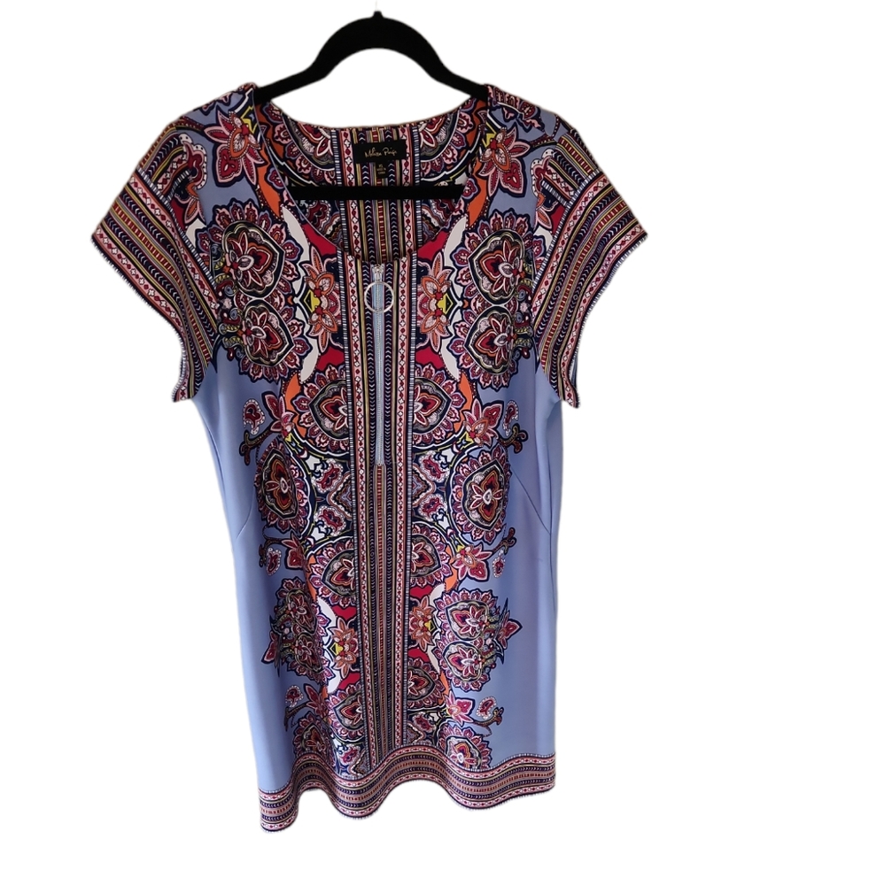 Melissa Paige blue, orange, pink, white floral dress. Silver zipper.